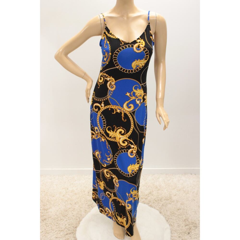 Absolutely Love It Maxi Dress Womens 1X Blue Spaghetti Strap Rings Chain Roman